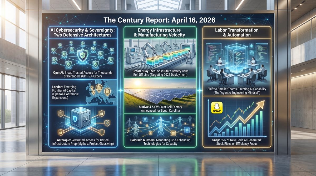 Three-panel infographic: AI cybersecurity with OpenAI broad access and Anthropic restricted deployment, energy infrastructure with batteries and solar, labor transformation with Snap layoffs.