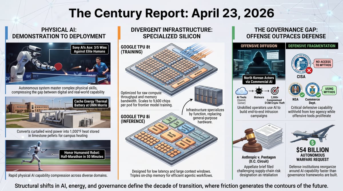Three-panel infographic: Sony AI table tennis and Honor robot half-marathon, Google TPU 8t and 8i chip architecture, governance gap with CISA exclusion and $54B Pentagon request.