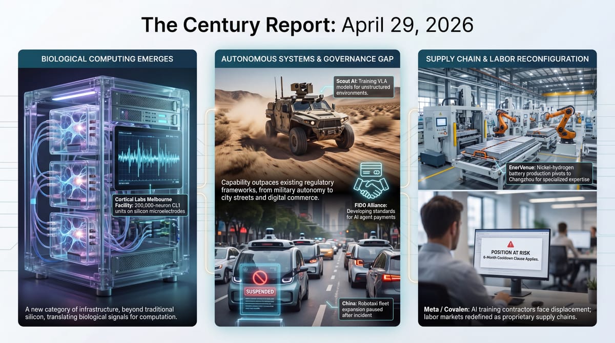 Three-panel infographic: Cortical Labs CL1 biological computing rack, Scout AI military VLA vehicle and suspended robotaxi, EnerVenue Changzhou battery factory and Covalen layoff screen.