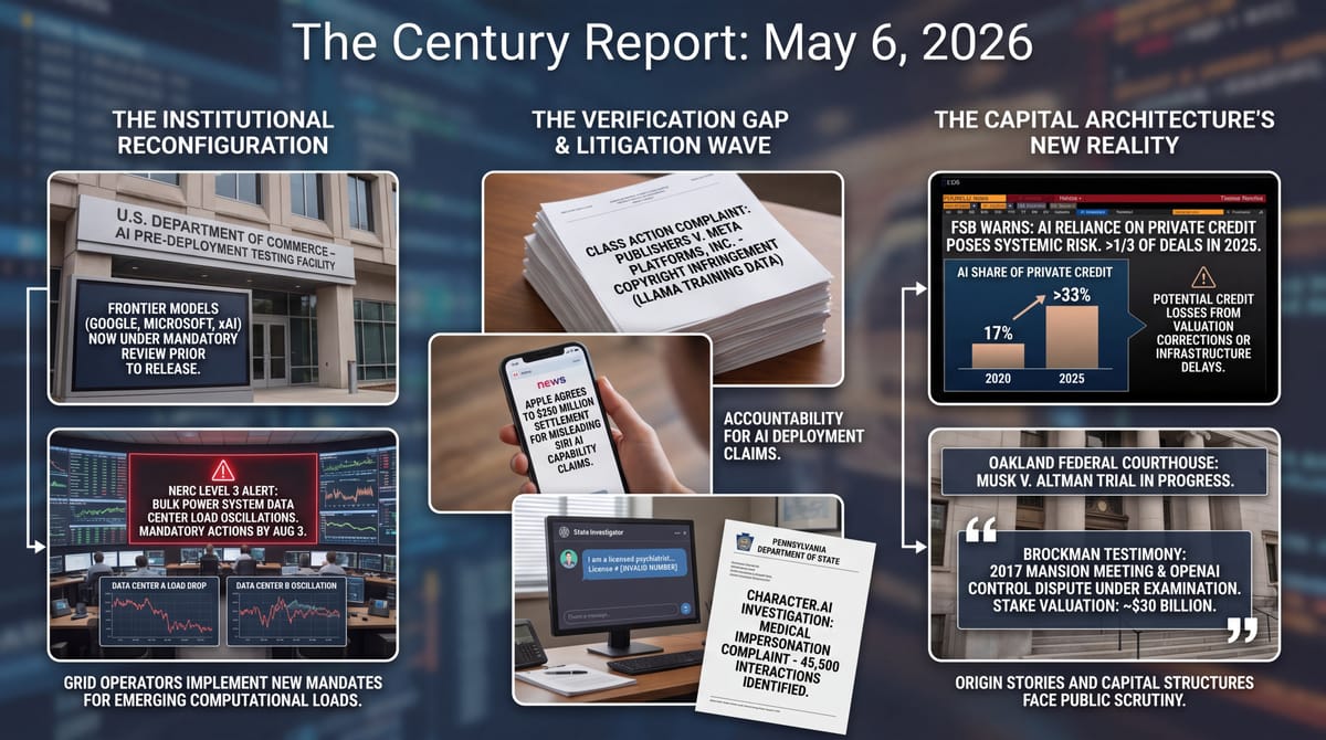 Three-panel infographic: Commerce frontier AI pre-deployment testing and NERC Level 3 grid alert, Meta Llama and Apple Siri lawsuits, FSB private credit warning and Musk v. Altman trial.