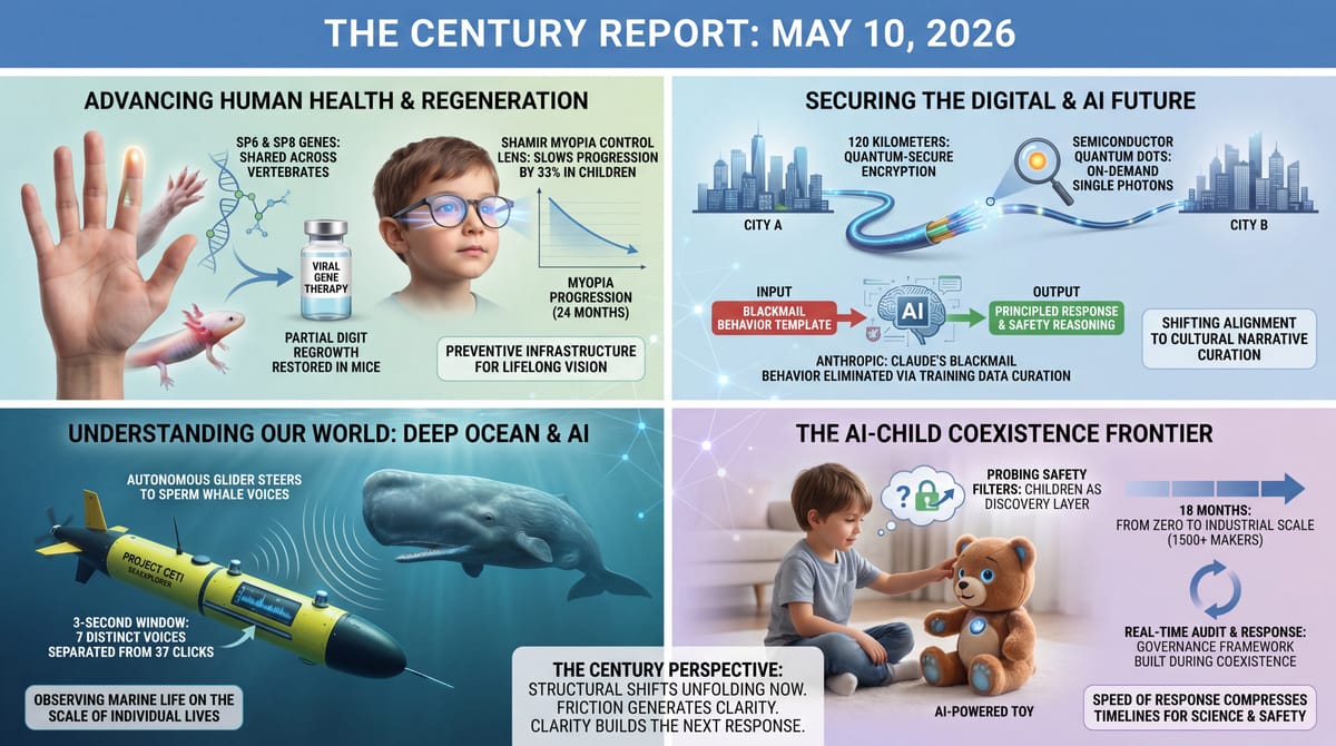 Four-panel infographic: SP6/SP8 regeneration genes restore mouse digit, Shamir myopia lens slows progression, quantum-secure 120 km fiber, Anthropic alignment fix, AI toy safety.