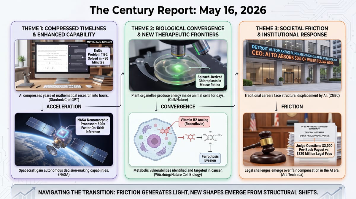 ChatGPT solves Erdős Problem 1196 in 80 min, spinach chloroplasts power mouse retinas, vitamin B2 cancer target, NASA chip, Detroit AI layoffs, Anthropic settlement paused.