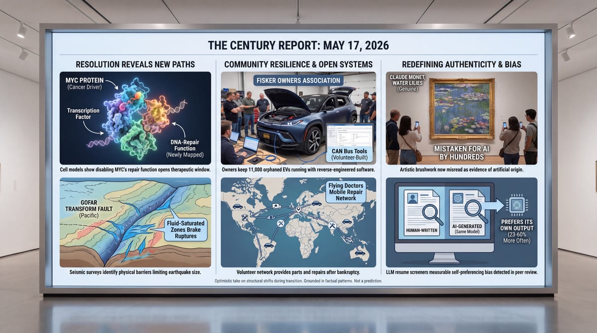 Three-panel infographic: MYC cancer protein's hidden DNA-repair job disabled, Fisker owners keep 11,000 EVs running, AI evaluators self-prefer at 23-60%, a real Monet misread as AI-generated.