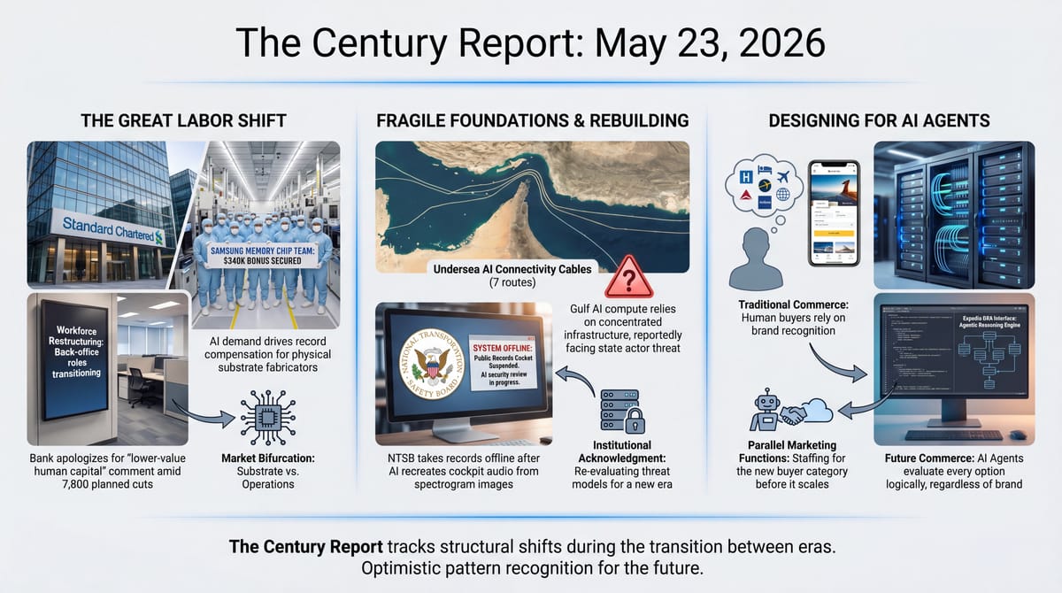 Three-panel infographic: Samsung chip workers win $340K bonuses, NTSB takes records offline after AI rebuilds cockpit audio from spectrograms, and Expedia designs marketing for AI agents.