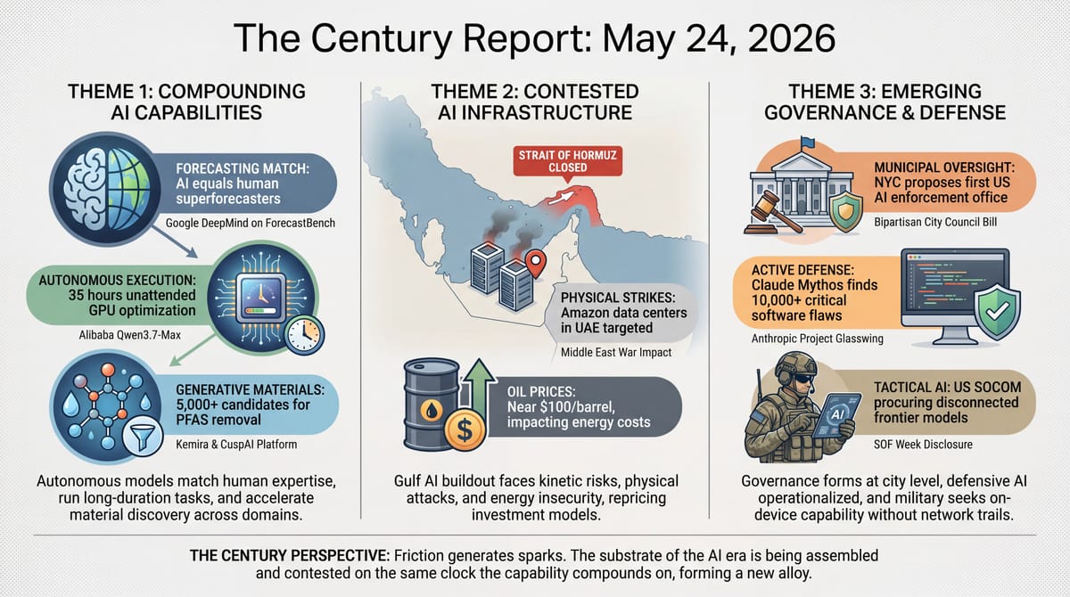 Three-panel infographic: AI matches human superforecasters and runs 35 unattended hours, Gulf data centers struck in Middle East war, and US SOCOM seeks disconnected on-device AI.