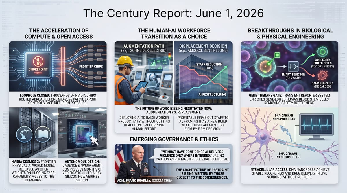 Three-panel Century Report infographic: AI compute diffusing via Nvidia chips and open models, a human-AI labor choice of layoffs vs augmentation, and precision gene-editing medical tools.