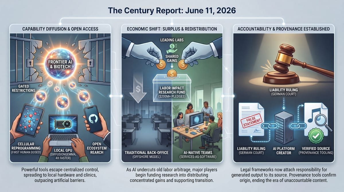 Century Report infographic: frontier AI and biotech reaching local hardware, leading labs funding labor-impact research, and a German court ruling establishing AI accountability.