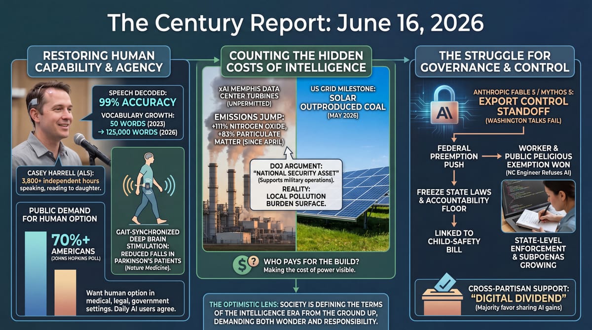 Three-panel Century Report infographic: ALS patient speaks via brain implant, DOJ and public push back on AI national-security overrides, and open-weight models spread worldwide.