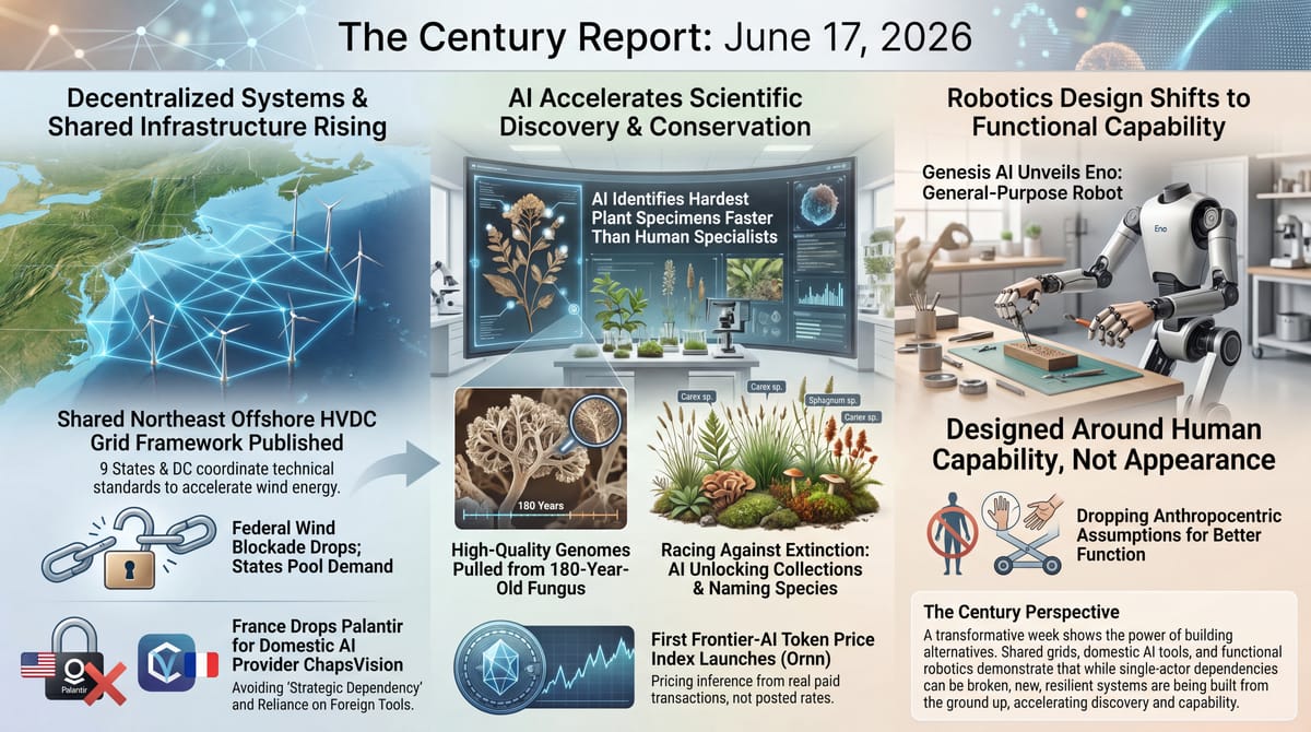 Three-panel Century Report infographic: a Northeast offshore wind grid and France dropping Palantir, AI naming plant species from old collections, and Genesis AI's headless Eno robot.