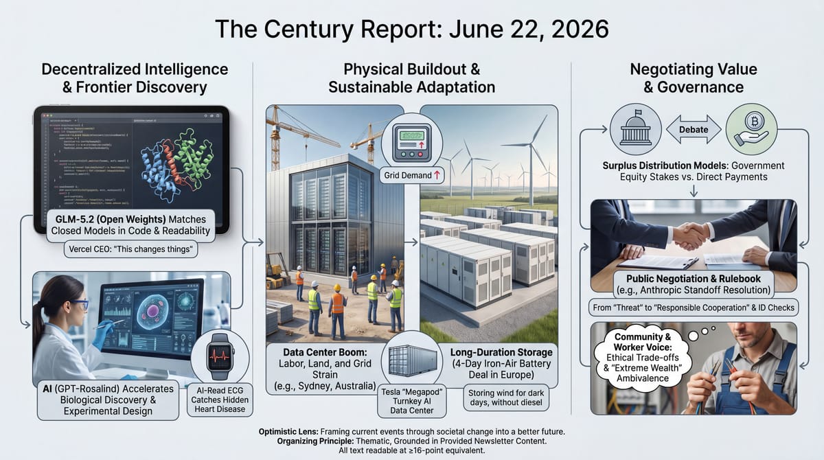 Three-panel infographic: open-weight GLM-5.2 matches closed AI in code; a data-center boom and a four-day iron-air battery scale the buildout; debate over sharing AI's surplus.
