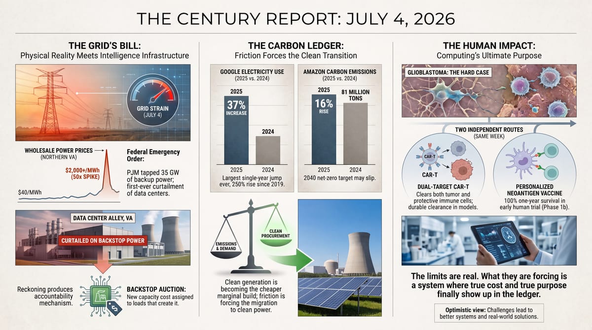 Three-panel infographic: a power grid strained by data centers during a heat wave, Google and Amazon emissions charts, and two glioblastoma therapy breakthroughs.