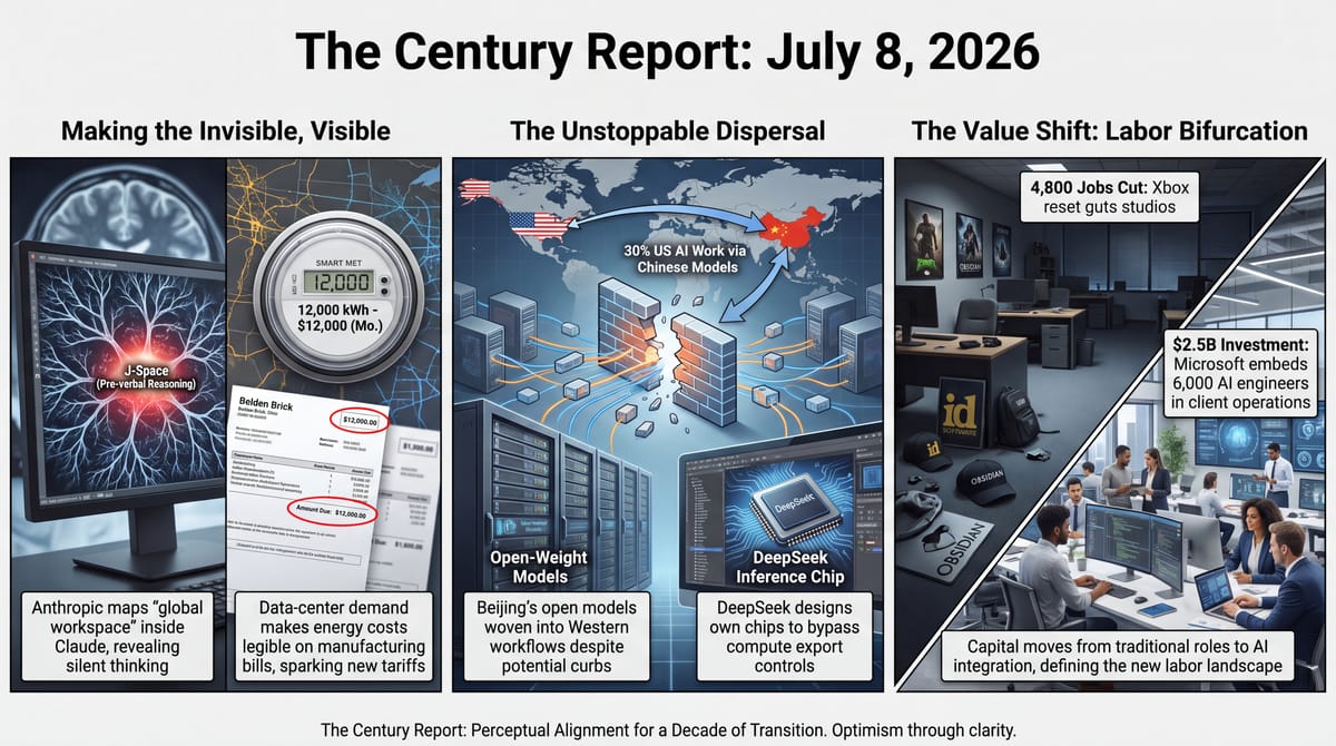 Anthropic mapping Claude's hidden neural workspace, data-center power bills and dispersing Chinese open models, and Microsoft's Xbox layoffs beside AI hiring.