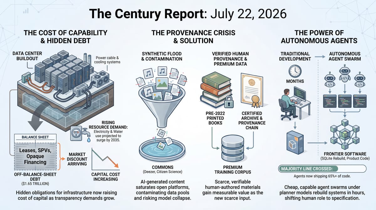 an estimated $1.65 trillion in off-balance-sheet data-center obligations, pre-2022 books prized as presumptively human-written training data, and autonomous coding agent swarms.