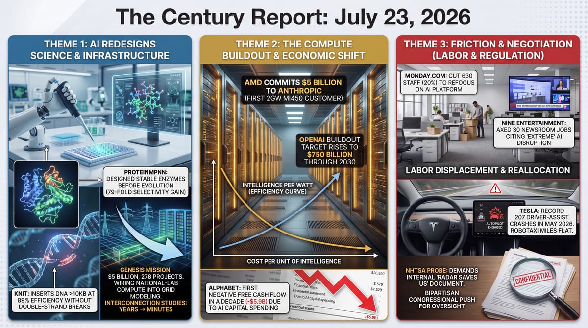 Three-panel infographic, The Century Report July 23 2026: AI redesigning science via the Genesis Mission, a $5B AMD-Anthropic compute deal, and AI-cited layoffs at Monday.com and Nine.
