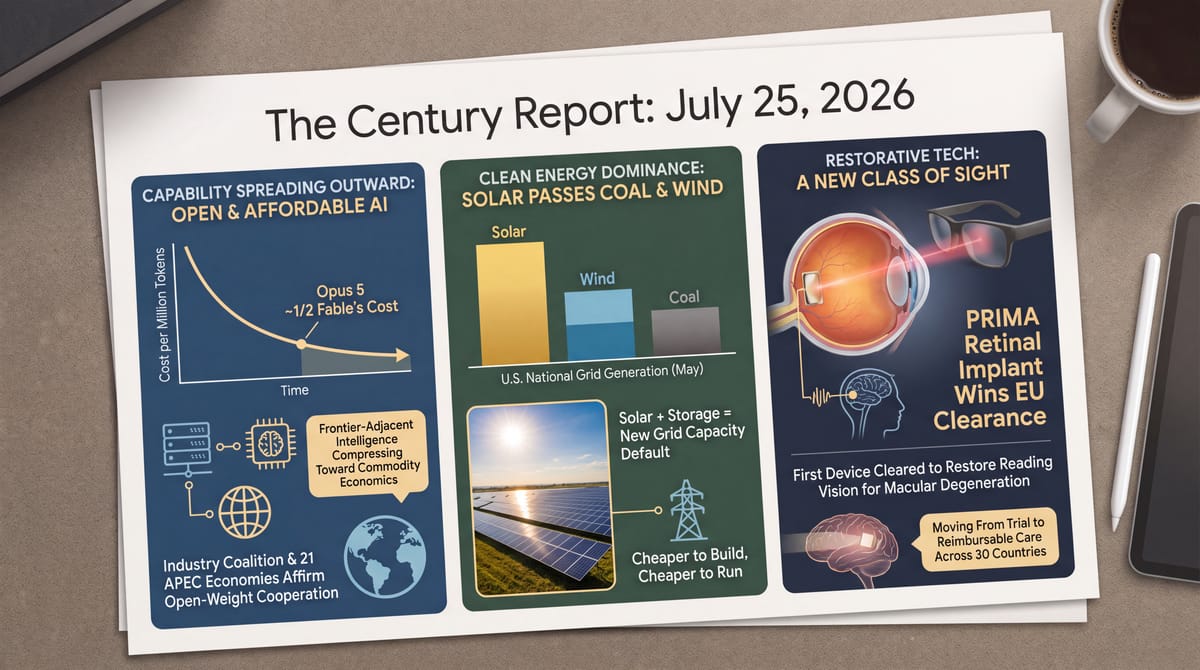 industry opposition to broad open-weight limits and secure open-source AI backed by 21 APEC economies, solar passing coal and wind on the US grid, and the PRIMA retinal implant winning EU