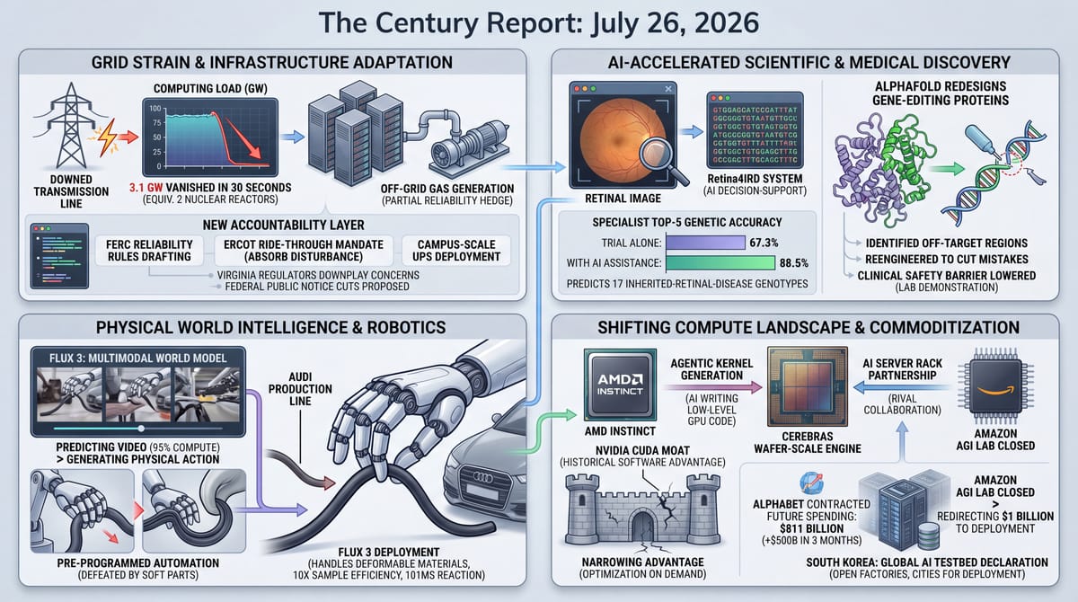 a downed line dropping 3 gigawatts of data-center load, an AI reading retinal images and redesigning gene editors, FLUX 3 running Audi robots, and AMD narrowing Nvidia's lead.