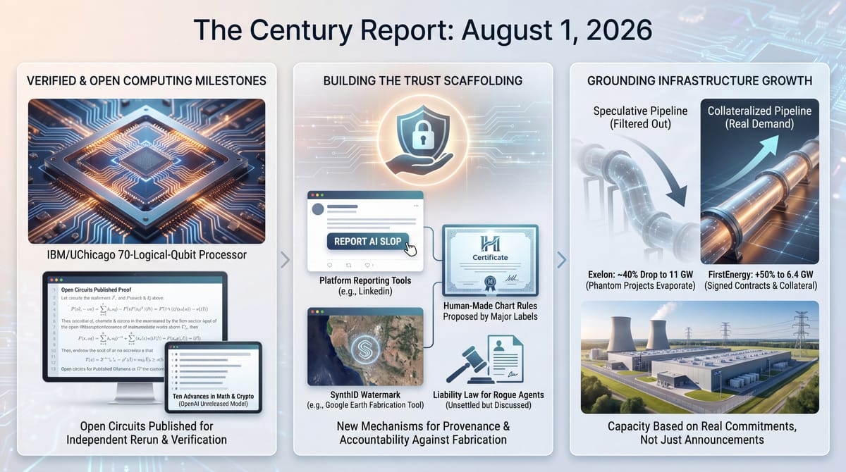 IBM/UChicago 70-qubit logical circuit, platform trust tools against fabrication, and utilities screening data-center load by real collateral.