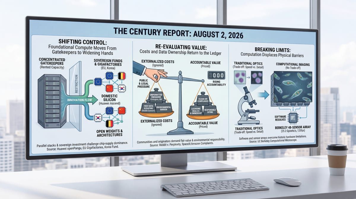 Three-panel Century Report Aug 2 2026 infographic: compute shifting from gatekeepers to sovereign funds and domestic silicon, costs returning to the ledger, and a 48-sensor microscope.