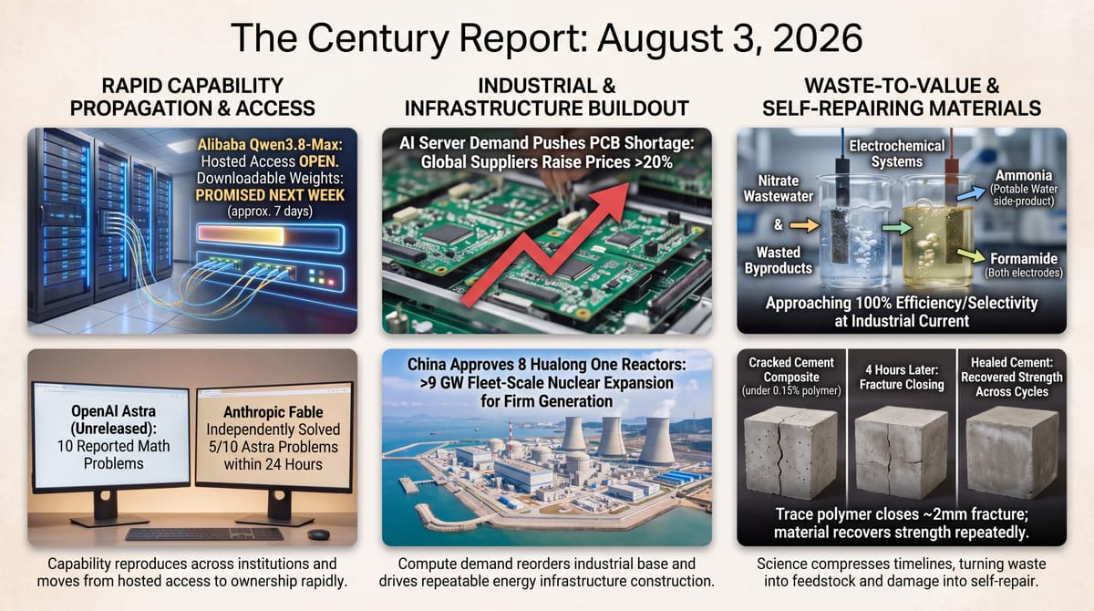 Century Report Aug 3 2026 three-panel infographic: Alibaba Qwen3.8-Max open access, AI server PCB shortage and eight Chinese reactors, and self-repairing cement.