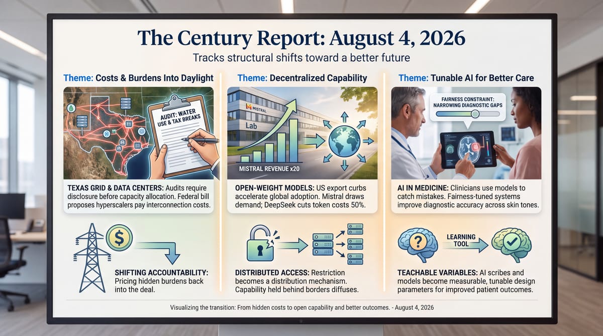 Century Report Aug 4 2026 three-panel infographic: Texas data-center grid audits, open-weight AI models rising in Europe, and AI dermatology tuned for fairer diagnosis.