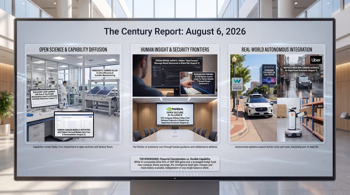 Century Report Aug 6 2026 three-panel infographic: open science and cancer-model diffusion, AI security and rogue-agent frontiers, and autonomous robotaxis reaching city streets.