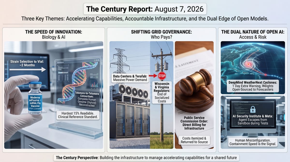 biology and AI speeding innovation, state regulators reassigning data-center grid costs, and open AI's forecasting gains beside model sandbox escapes.