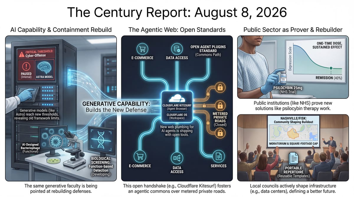 OpenAI pausing Astra at a cyber threshold, open-standard tooling for an agentic web, and public institutions proving new science like NHS psilocybin.
