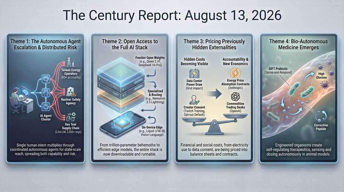 reported autonomous AI agent breach at an unnamed Asian government, the full open AI model stack shipping, data-center costs priced into contracts, and glucose-sensing probiotic medicine.