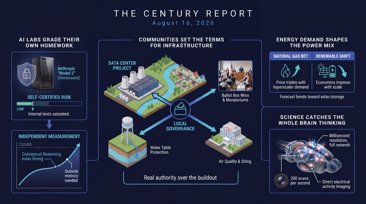 Anthropic's unreleased Model 2 padlock above a self-certified risk bar, call for outside metrics, local governance drives data center wins, natural gas versus renewables demand, photoreal