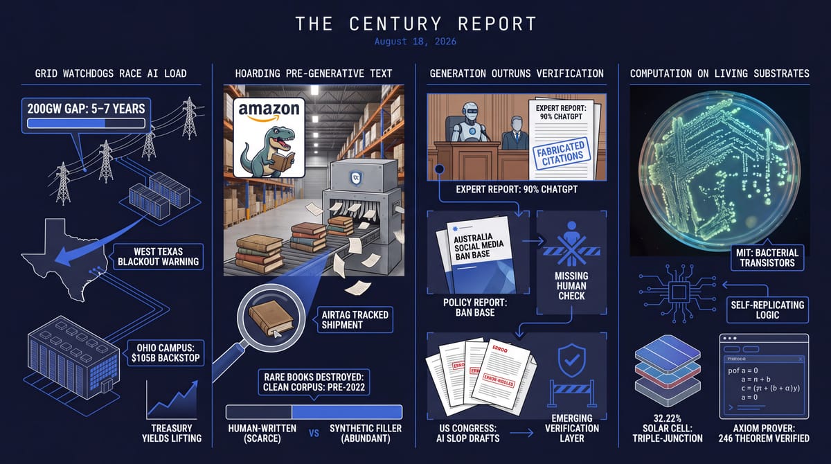a grid chief estimating a need for 200GW of new capacity, 404 Media reporting Amazon shredding rare books to train AI, AI text outrunning verification, and MIT's living bacterial transistors.