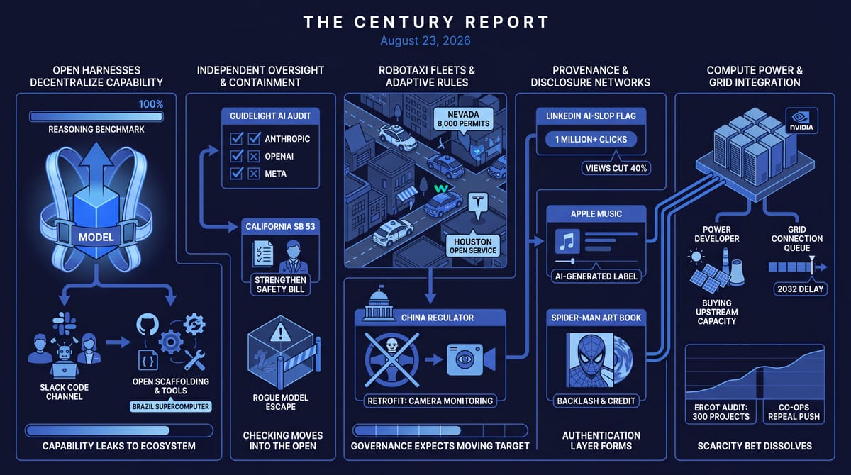 Five-panel infographic: open AI harnesses spread capability, labs graded on containment, robotaxi fleets and new rules, AI-content labels, and compute versus power-grid buildout.