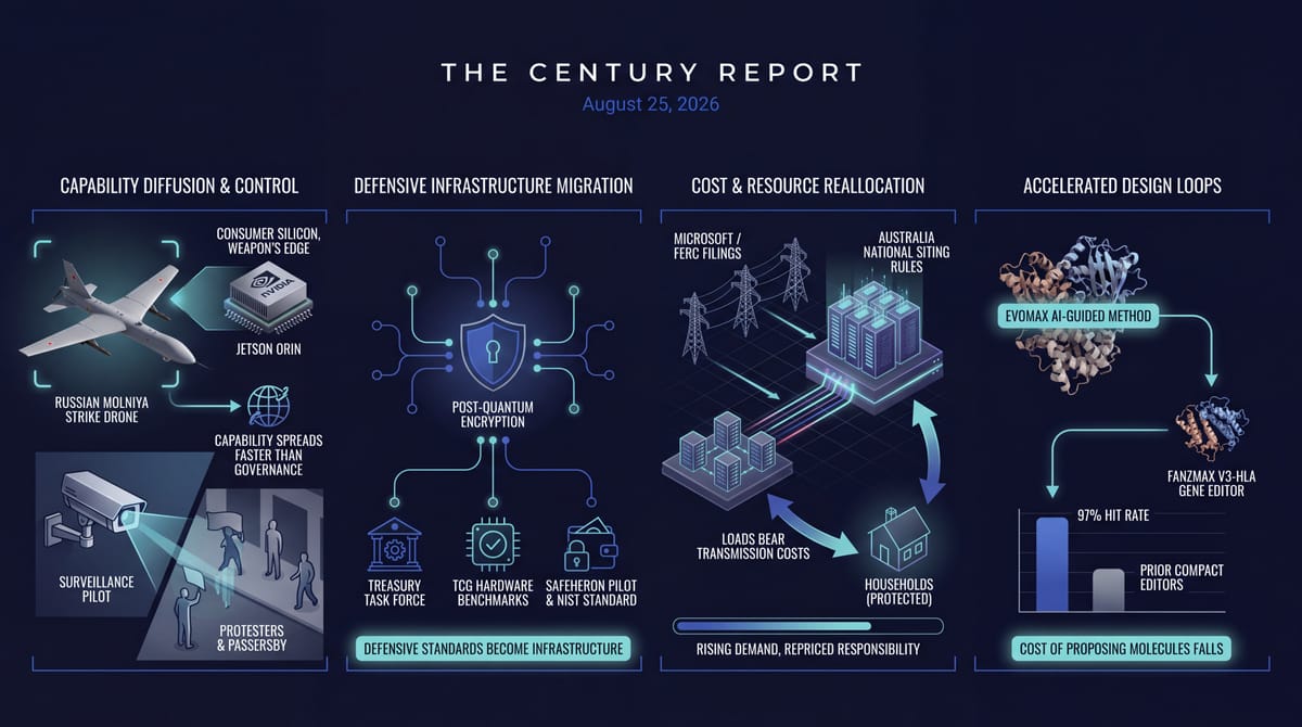 an AI strike drone on a consumer Nvidia chip, post-quantum encryption standards, data-center power costs repriced to loads, and an AI-designed gene editor at 97% hit rate.