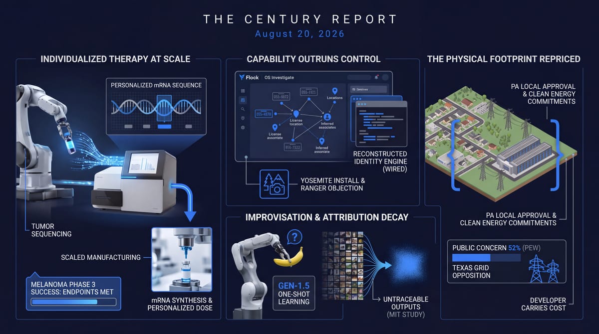a personalized mRNA melanoma vaccine clearing Phase 3, OpenAI cutting vetted cyber defenders and Flock's surveillance engine, and one-video robot learning plus untraceable AI art.