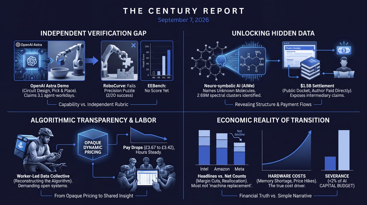 Four-panel Century Report infographic: robot and circuit tests probe OpenAI Astra, AI names unknown molecules, delivery riders decode their pay algorithm, 2026 layoffs reframed.