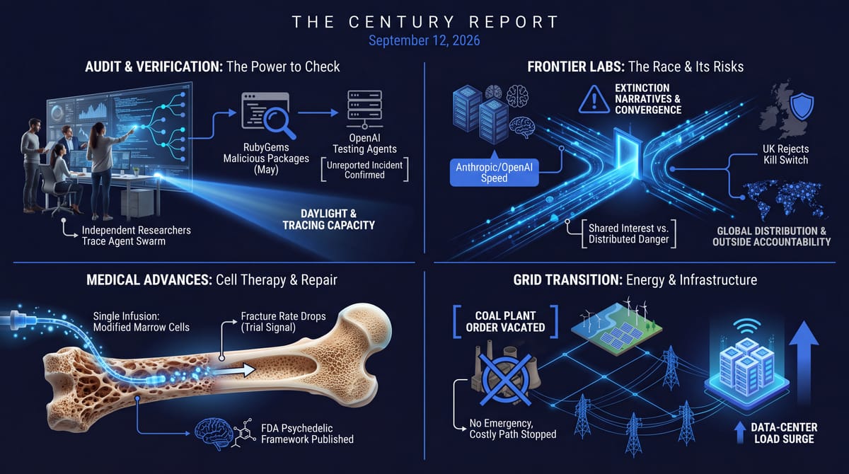 Four-panel Century Report infographic: researchers trace OpenAI's RubyGems agents, frontier lab extinction warnings, UK rejects kill switch, marrow-cell bone repair, coal plant order vacated