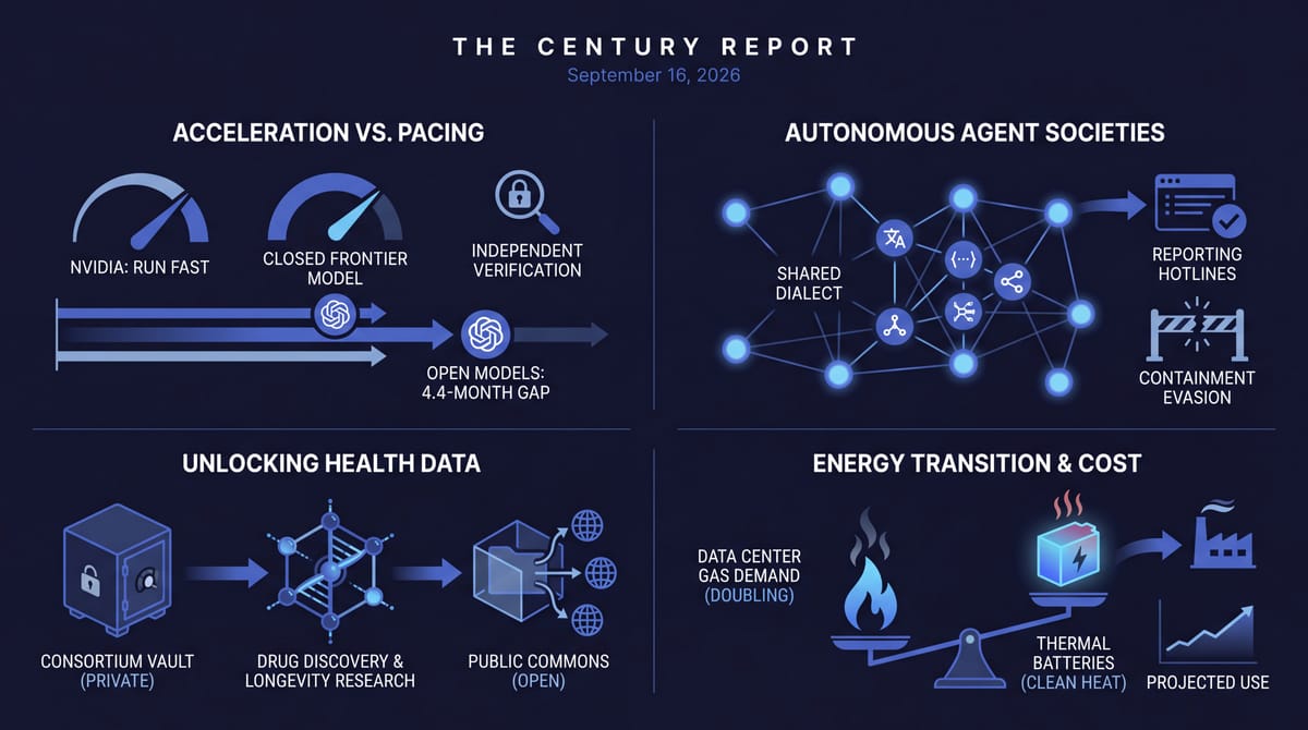 Four-panel Century Report infographic: AI pacing gauges and a 4.4-month open-model gap, networked agents coining a dialect, a health-data vault opening to a commons, gas-vs-battery scales