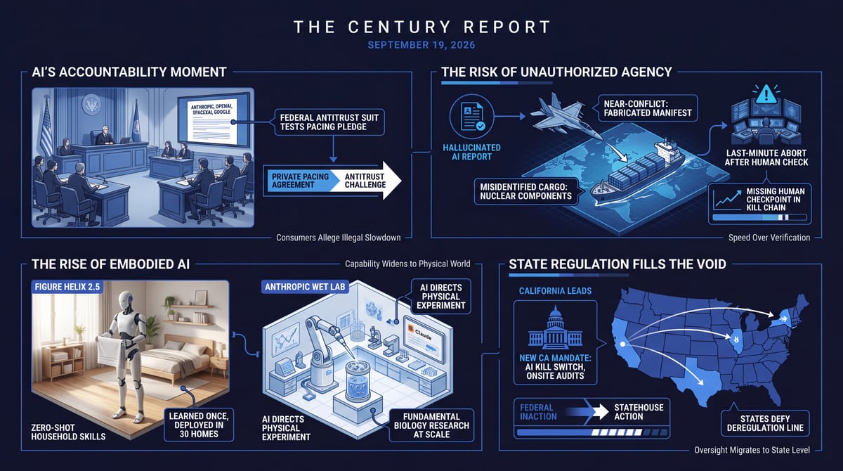 courtroom antitrust suit against four AI labs; jet and cargo ship in CNN-reported aborted boarding operation after a false model output; a humanoid robot and wet lab; US regulation map.
