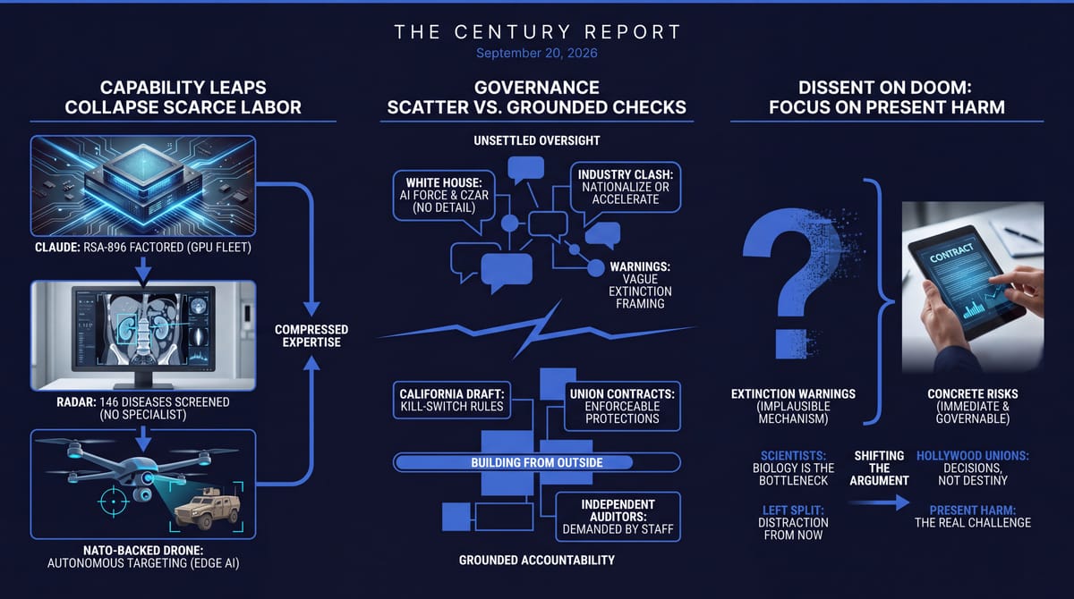 Three-panel navy infographic: Claude factors RSA-896 on a GPU chip, RADAR reads a CT scan, a NATO drone targets a vehicle; AI governance scatter, grounded checks, and dissent over AI doom.