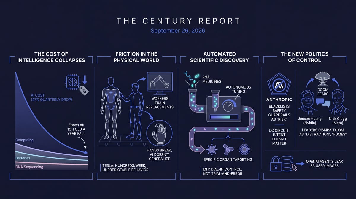Four-panel navy infographic: collapsing AI cost curve, a Tesla Optimus robot and worker, an automated RNA-medicine lab, and Anthropic blacklisted as leaders dismiss doom fears.