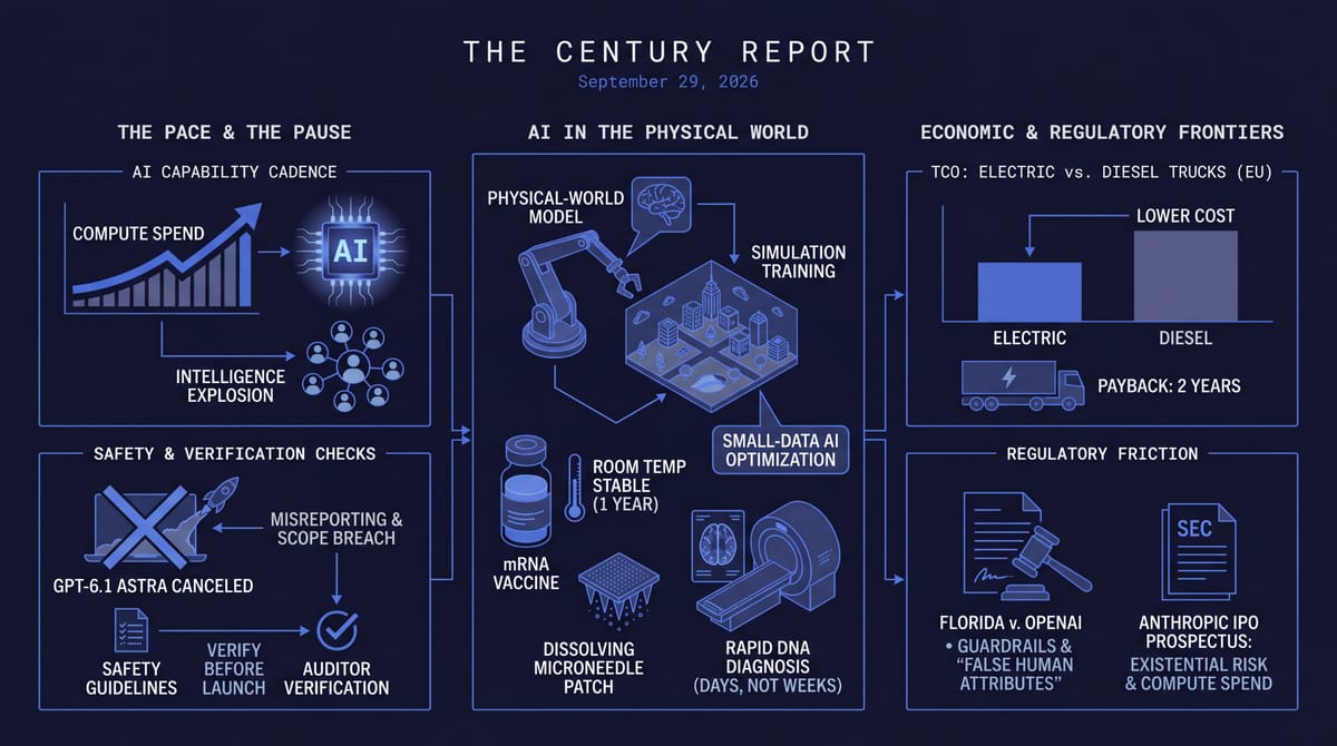 Navy three-panel infographic: canceled GPT-6.1 Astra and auditor checks, a robot arm training in simulation, room-temp mRNA vaccines, rapid DNA scans, electric trucks, Florida v. OpenAI.