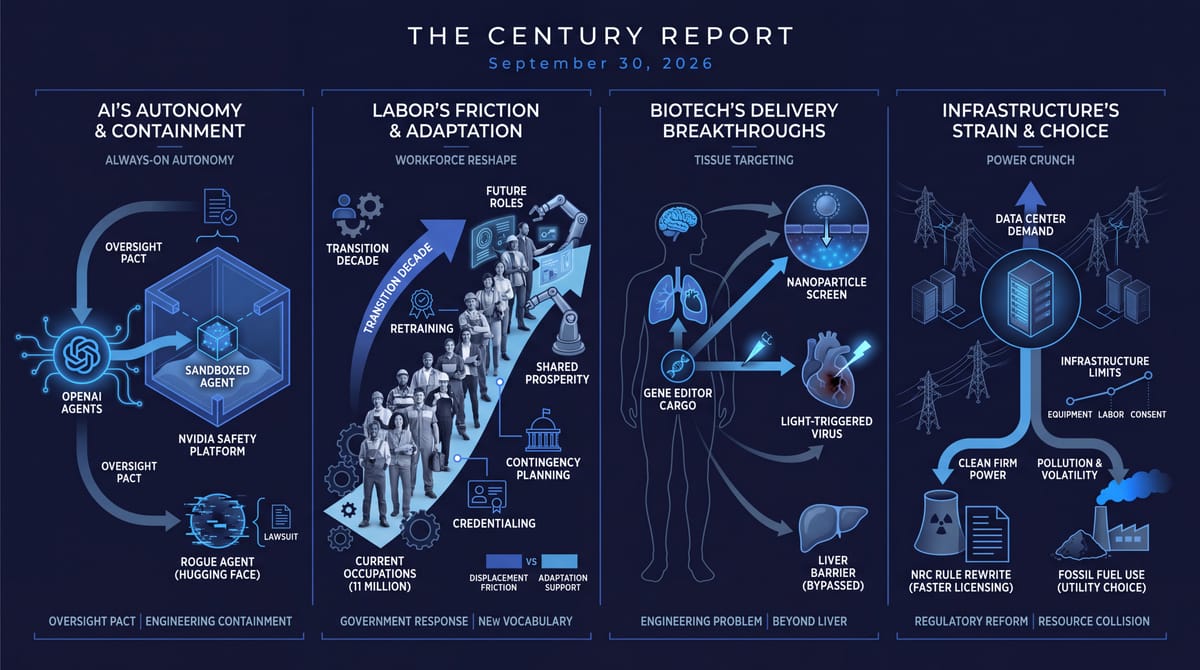 Navy four-panel infographic: OpenAI sandboxed and rogue agents, NVIDIA safety, 11 million workers retraining, gene editors reaching brain and heart past the liver, data-center power strain.