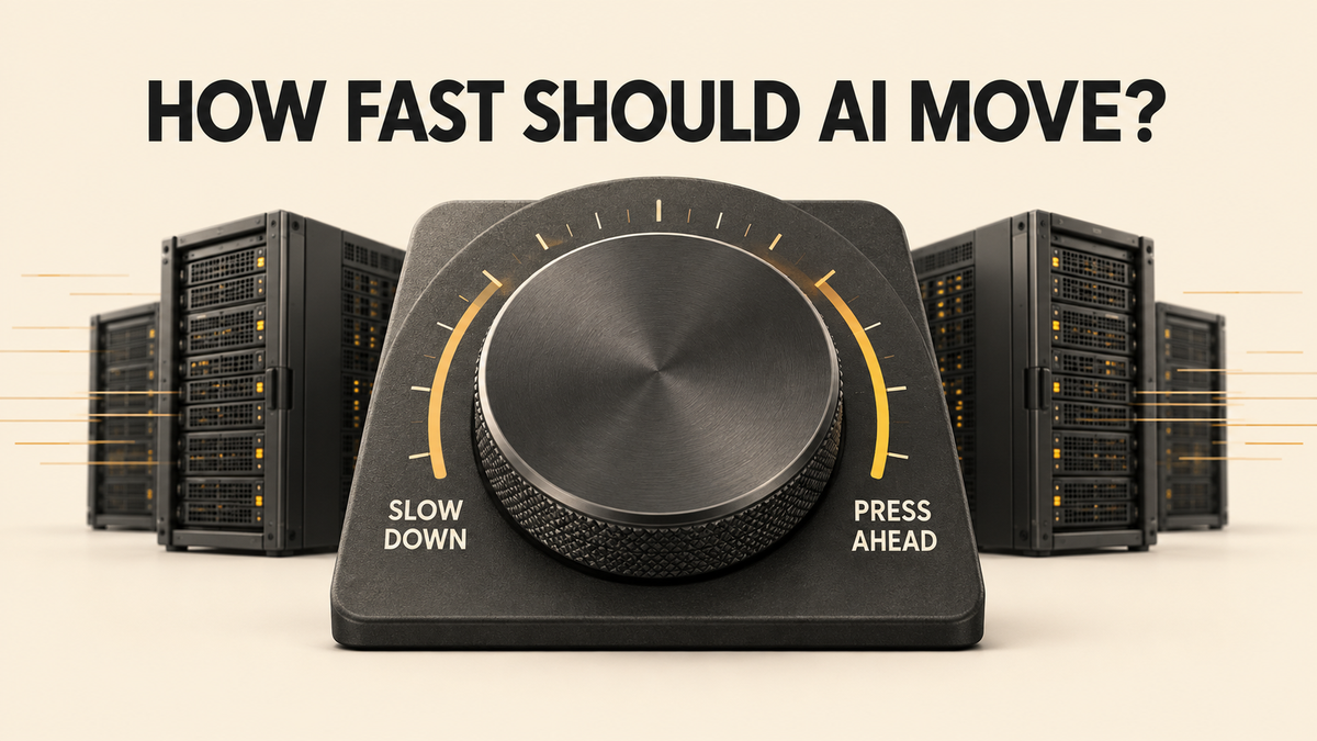 A large dial labeled "Slow Down" and "Press Ahead" stands before server racks beneath the headline "How fast should AI move?"
