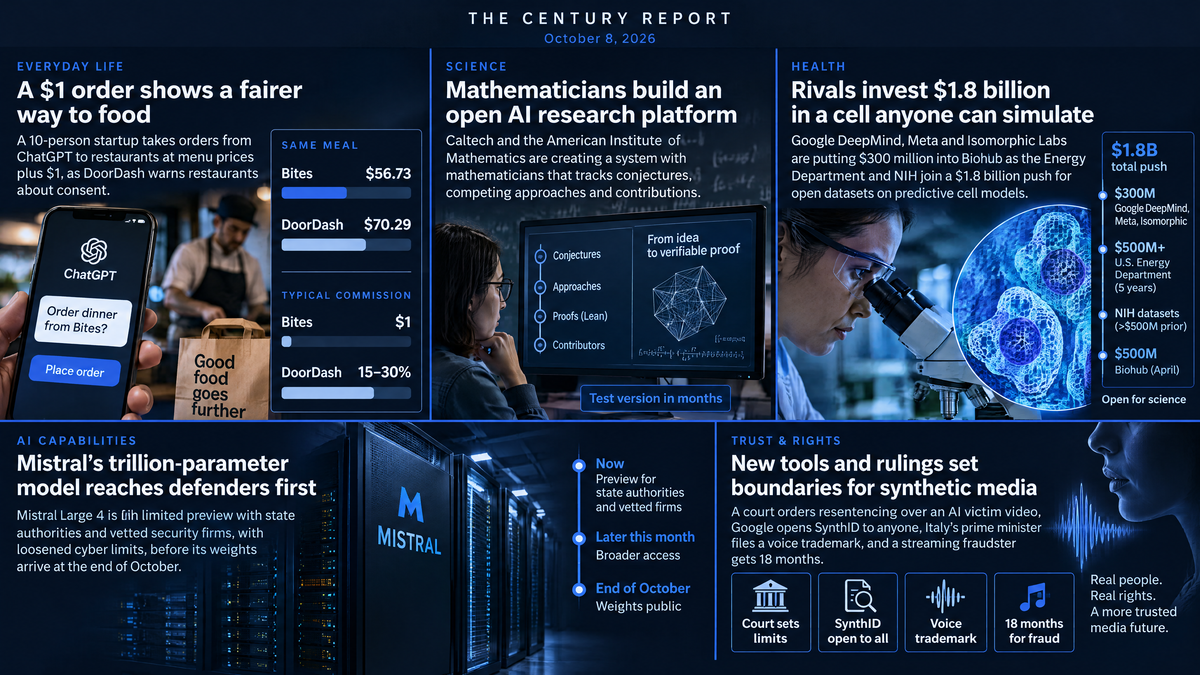 Navy infographic: Bites vs DoorDash meal prices; mathematician at a proof-tracking screen; scientist at microscope, $1.8B cell push; Mistral server racks; synthetic media rulings.