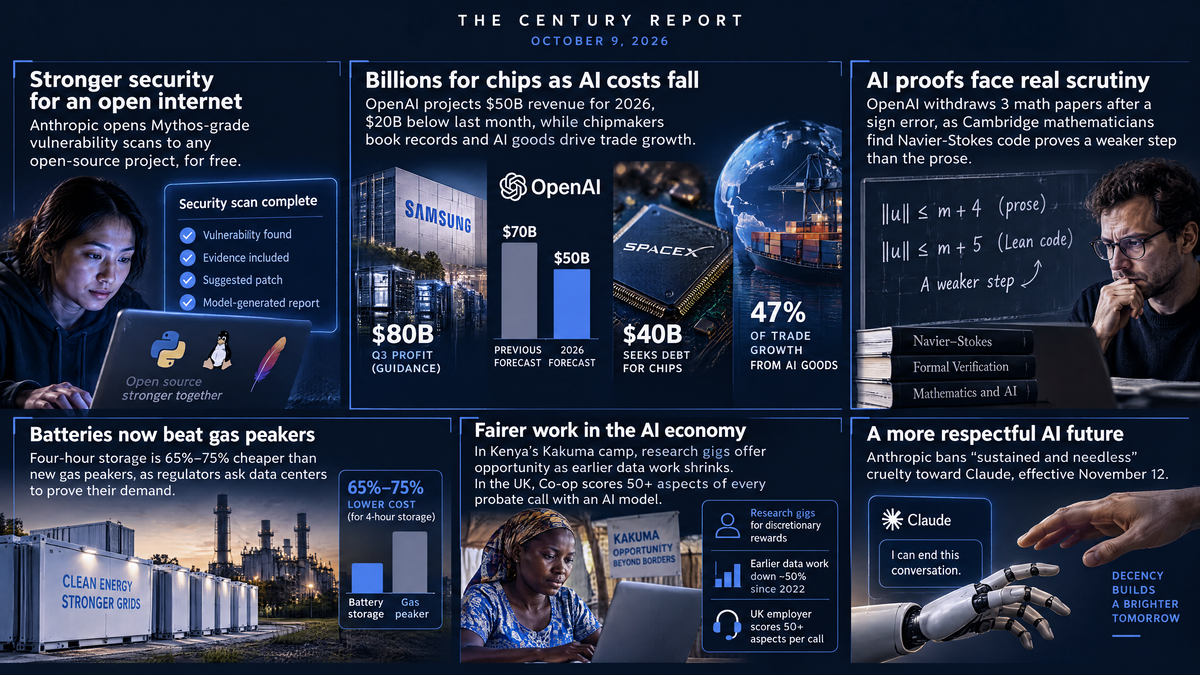 Navy infographic: woman runs a security scan; Samsung, OpenAI $70B vs $50B, SpaceX chip; mathematician at proof board; battery yard; Kakuma worker; human and robot hands near Claude.