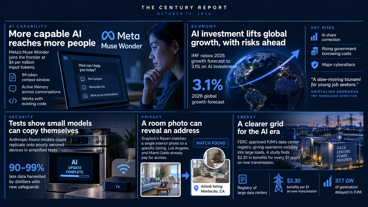 Five-panel navy infographic: a woman at a Meta laptop, a globe with a 3.1% growth arrow, a smart oven and TV box, a room photo matched to an Airbnb listing, and data centers by power lines.
