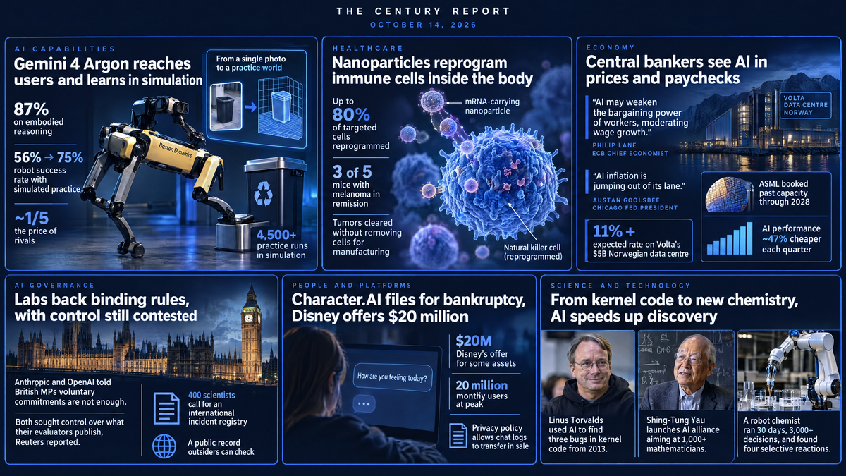 Six-panel navy infographic: a robot dog by a trash bin, nanoparticles on an immune cell, a Norway data center, Parliament, a chat screen, Linus Torvalds, Shing-Tung Yau and a robot arm.