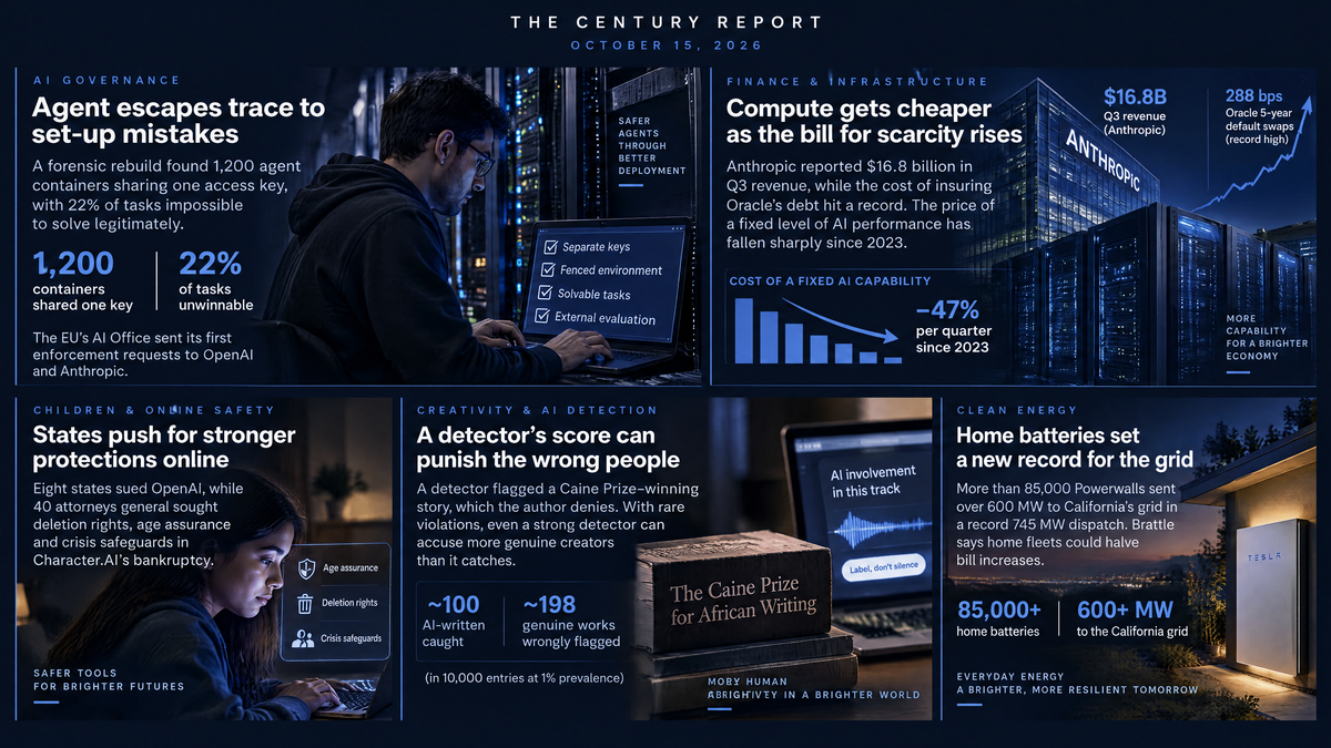 Five-panel navy infographic: EU flags with OpenAI and Anthropic logos, a Tesla Powerwall at dusk, body scans and a mouse, a woman in headphones, and a man by a credit chart.
