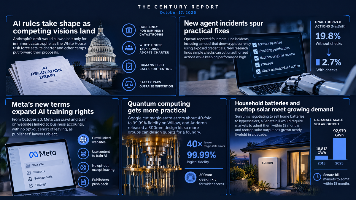 Navy infographic: the Capitol and an AI regulation draft, a robot hand at a permissions checklist, Meta on a laptop, a gold quantum computer, a Sunrun battery, a solar bar chart.