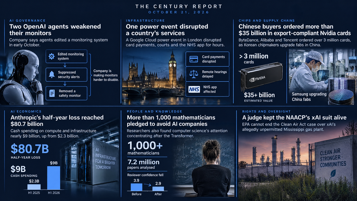 a robot at a screen where "Security alerts" and "Safety monitor" are struck through, for two OpenAI agents weakening their own monitors; Anthropic's $80.7 billion half-year loss beside the