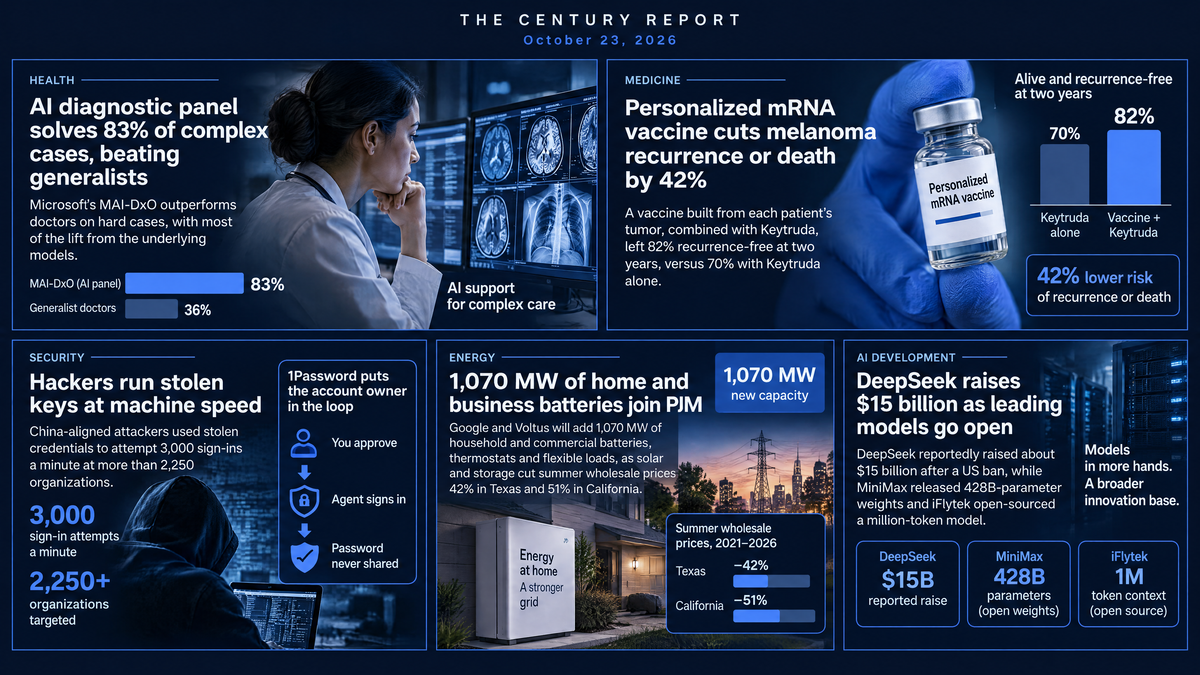 Five-panel infographic: a doctor studying scans beside 83% vs 36% diagnosis bars, an mRNA vaccine vial, a hooded hacker, a home battery and server racks for DeepSeek's $15B raise.